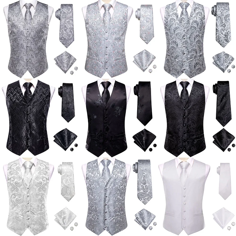 

Hi-Tie Grey Black Silk Mens Vest Tie Set Adjustable Jacquard Western Waistcoat Jacket Necktie Hanky Cufflinks Wedding Business