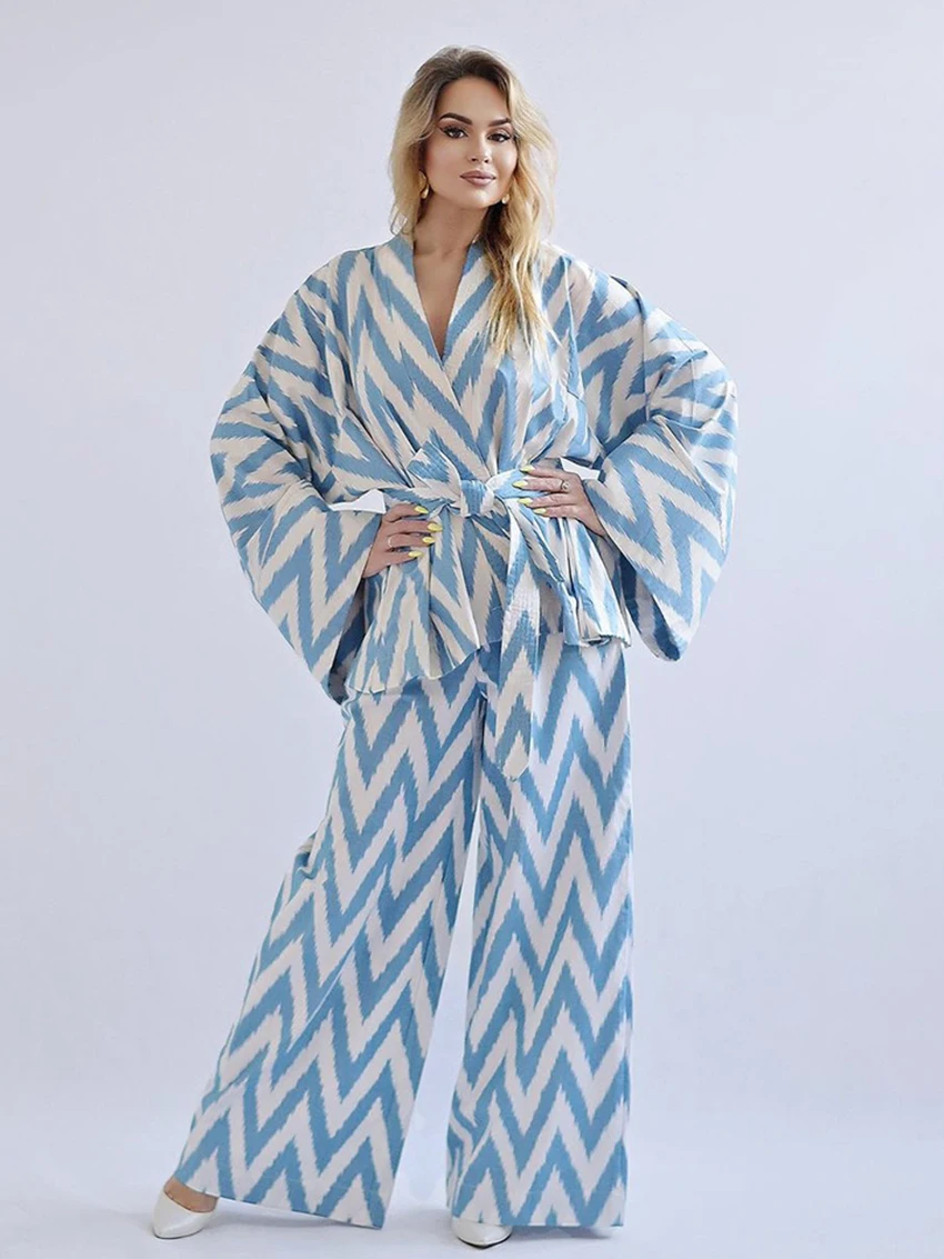 Marthaqiqi Printing Women Pajama Set Turn-Down Collar Sleepwear Lace Up Nightgown Long Sleeve Nightwear Pants Femme Nightie Suit