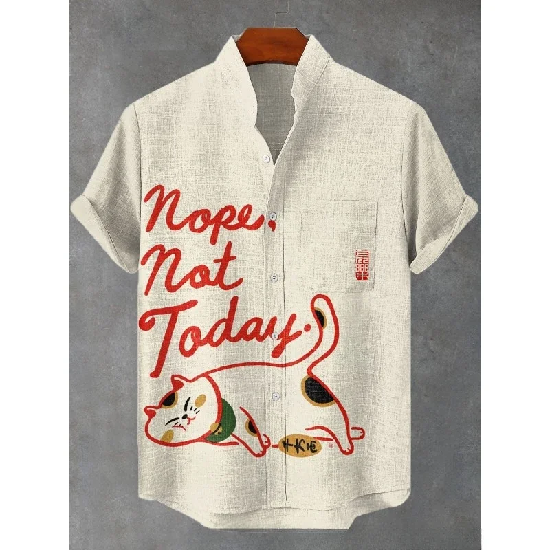 Men's Cat Lying on Pocket Art Print Shirt Summer Short Sleeve Hawaiian Shirts Harajuku Streetwear Button Down Casual Shirt Tops