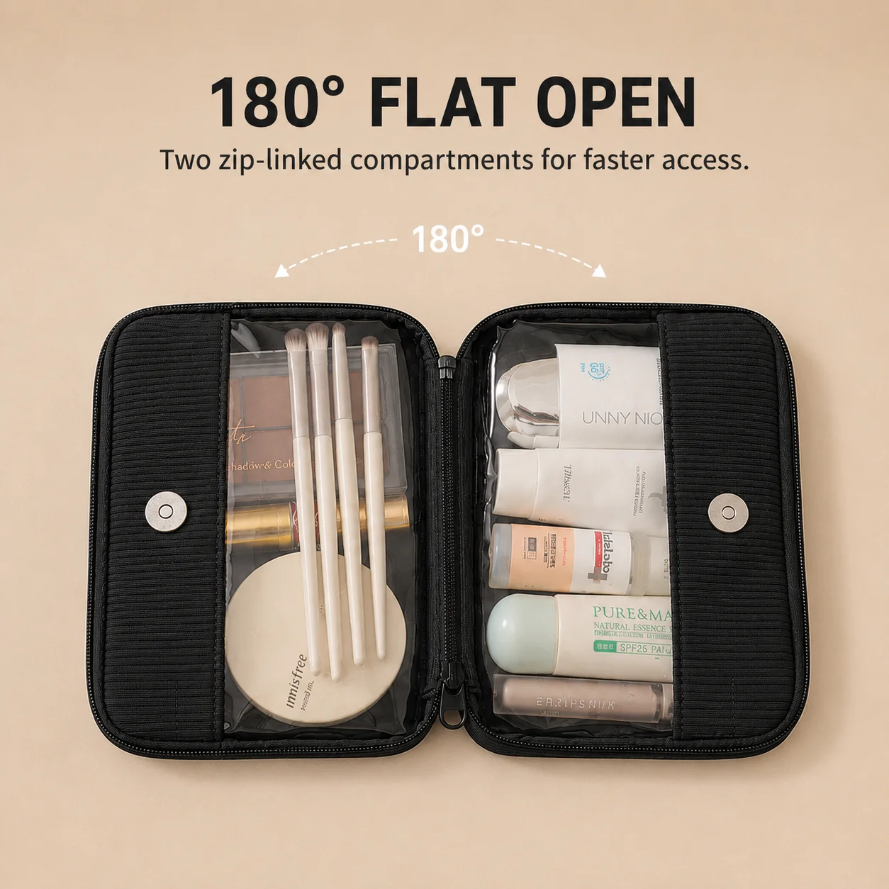 Borsa da Viaggio per Trucchi in PVC Trasparente, Organizer Cosmetico con Scomparti Divisi, Astuccio Portatile per Bellezza in Poliestere Costolato - immagine 2