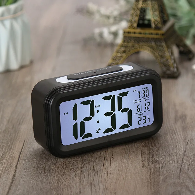 HINMIN Smart Night Light Plastic Digital Alarm Clock with Date & Indoor  Temperature, Battery Operated Desk Small, Clear LCD Display Automatic  Sensor