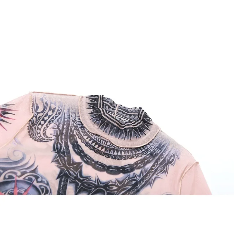 Women Sexy Mesh Print Slim 2 Piece Set Spring Autumn Turtleneck Long Sleeve Crop Top High Waist Pants Y2k Trends Streetwear
