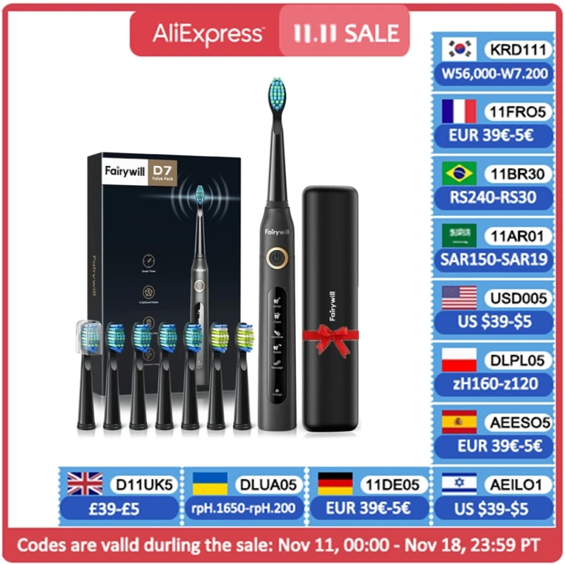 Fairywill Electric Toothbrush FW-507 USB Charge Rechargeable Adult Waterproof Replacement Heads