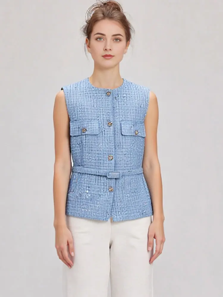pois Tweed vest 【blue】【完売品】 TRAFZA Women Casual Solid O Neck Tweed Waistcoat With Belt