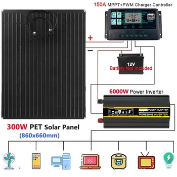 6000W 8000W Solar Energy System 12V to 110V/220V Pure Sine Inverter 300W Solar Panel 150A Charge Controller Power Generation Kit