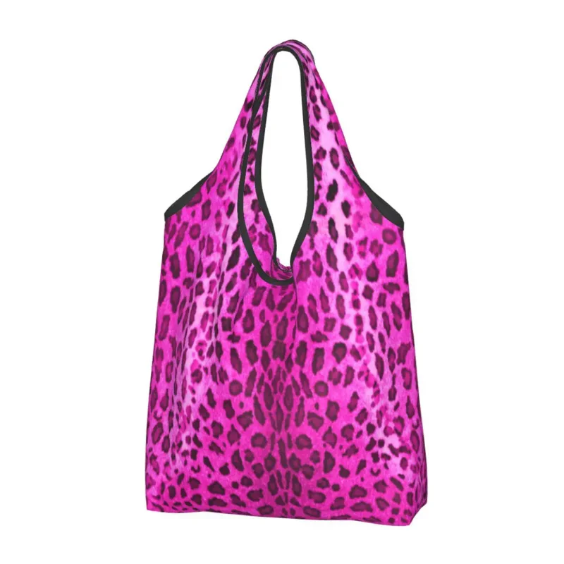 цена Pink Leopard Shopping Tote Portable Animal Skin Print Grocery Shopper Shoulder Bag