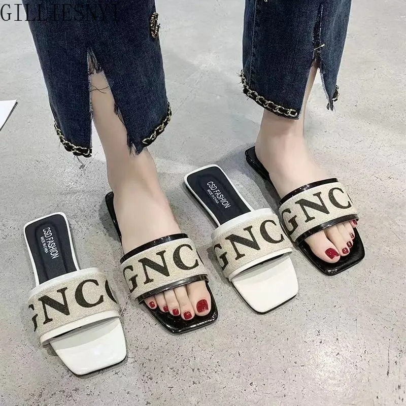 Summer Fashion Women Slides Black White Design Brand Woman Flat Heels Open Toes Slippers House Flip Flop Causal Shoes 2023 New