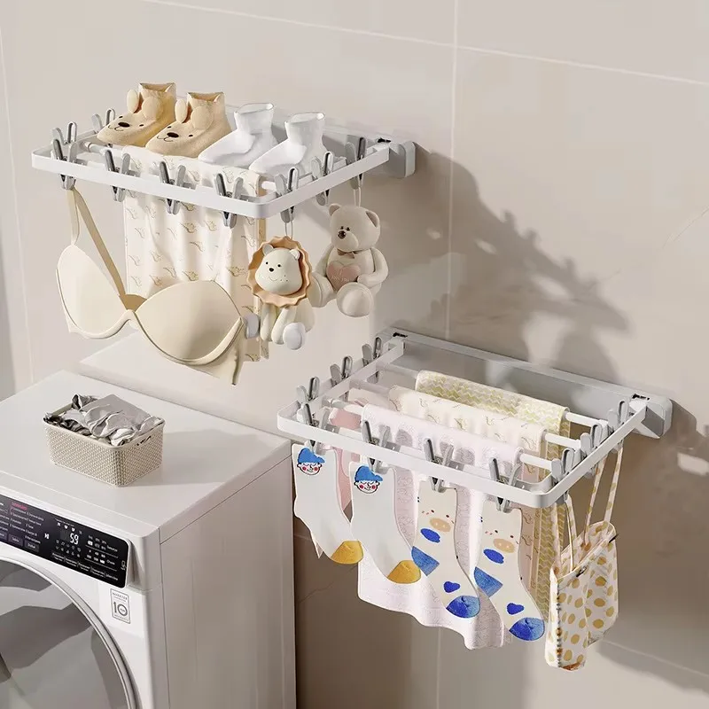 Folding Drying Rack Wall Mounted Clothes Hanger Drying Clip Windproof Sock Clip Multi Functional Towel Hanger Space Saving 5