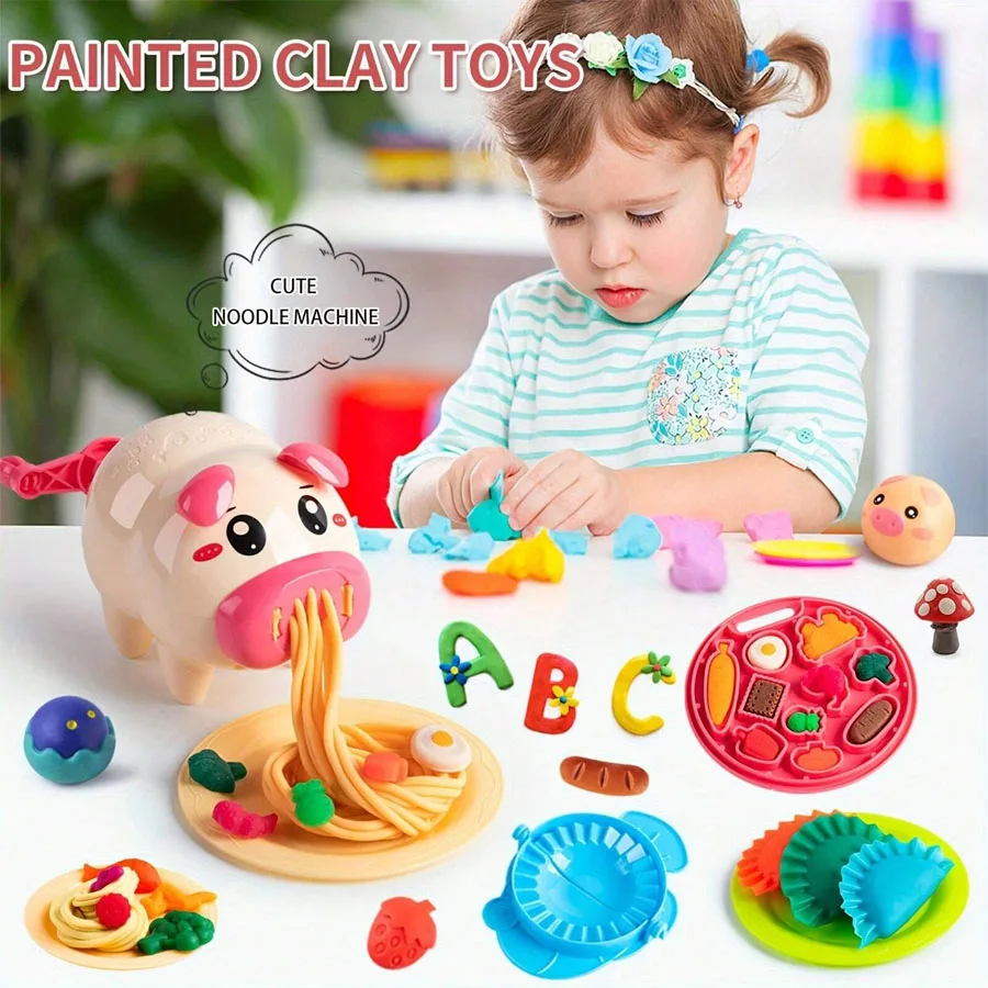 Cartoon Cute Pig Noodle Maker & Clay Dough Set, Play Dough Machine Clay Dough Strips Toy Set for Kids 5