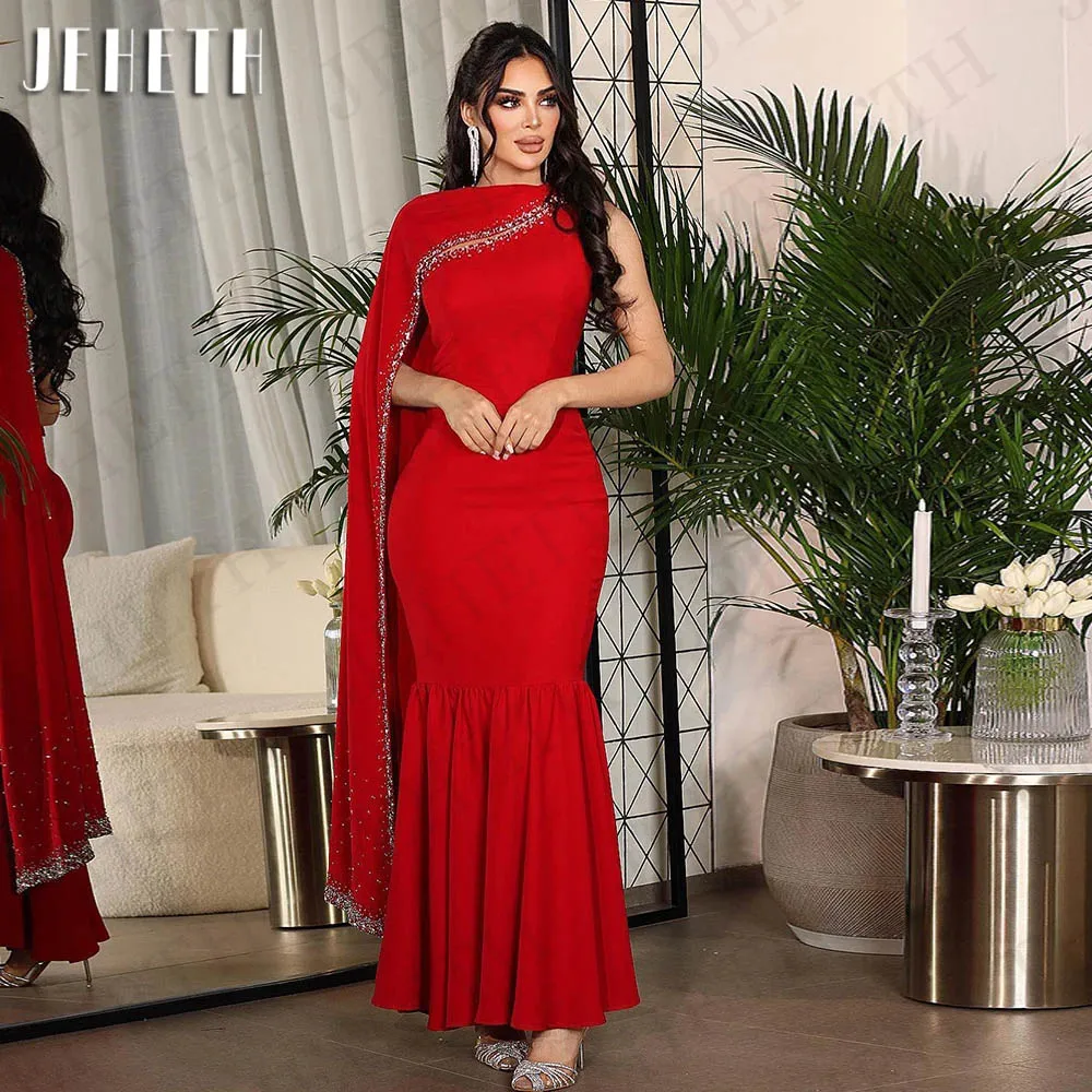 

JEHETH Red Luxury Evening Dress with Cape Sleeve Arabic Women One Shoulder Beaded Wedding Dubai Prom Party Gown فستان سهرة نسائي