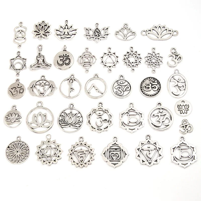 30pcs Random Mix Silver Color OM/OHM/3D Sign Charms Yoga Lotus Pendant For DIY Handmade Jewelry Making Accessories