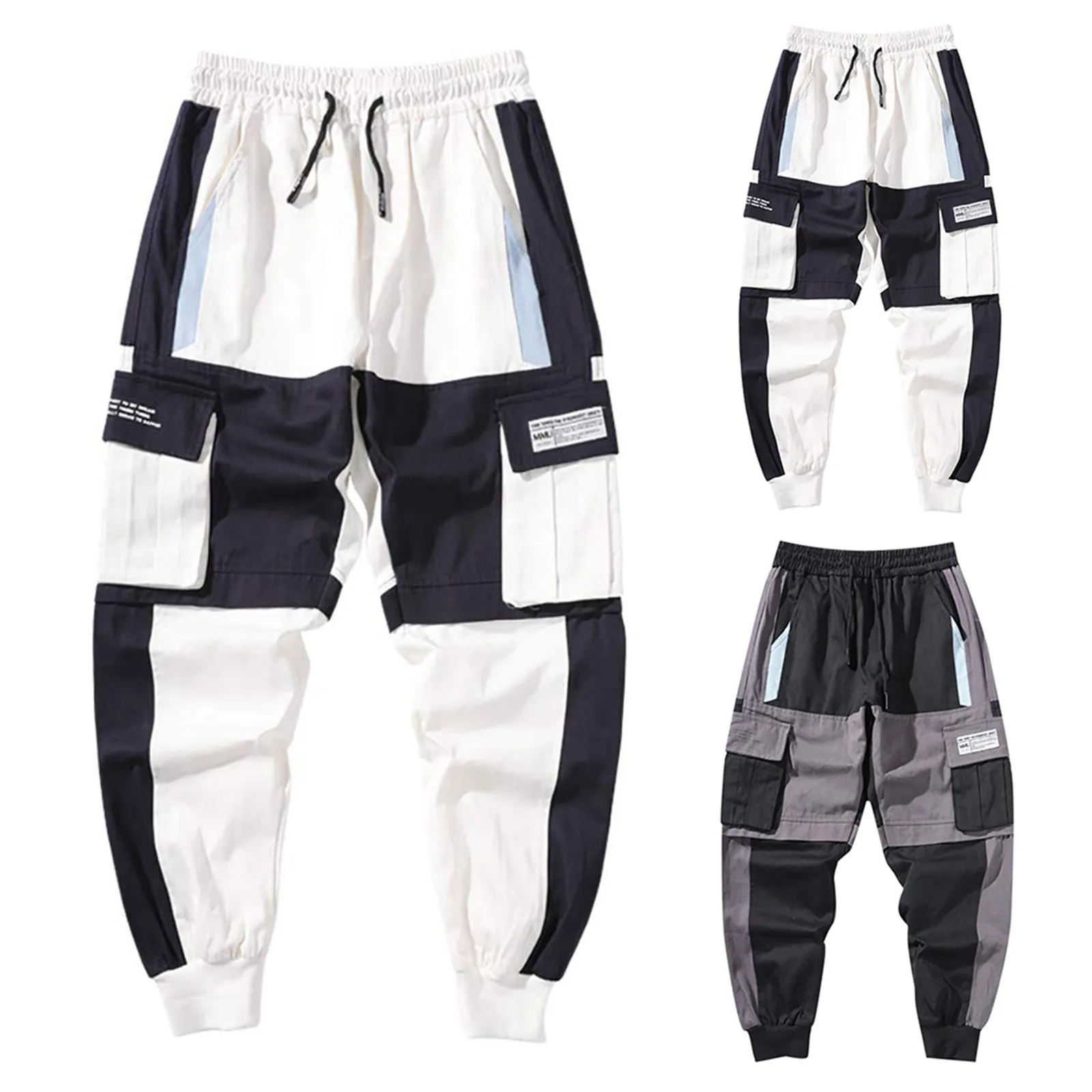 Description Picture 2 of itemMen Casual Pants For Summer Fashion Streetwear Sweatpants With Pocket Loose Straight Leg Fit Color Patchwork Trendy Cargo Panty