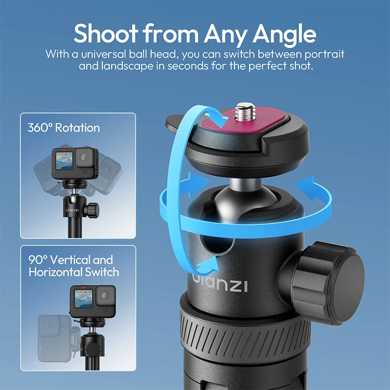 Ulanzi TT24 Cka Quick-Release Selfie Stick with 360° Ball Head for Action Cameras Smartphone Photography Light Livestreaming