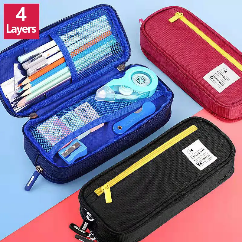 1pc Single Layer Large Capacity Pencil Case, Black Square School Stationery  Pouch For Junior High Student, Simple Style