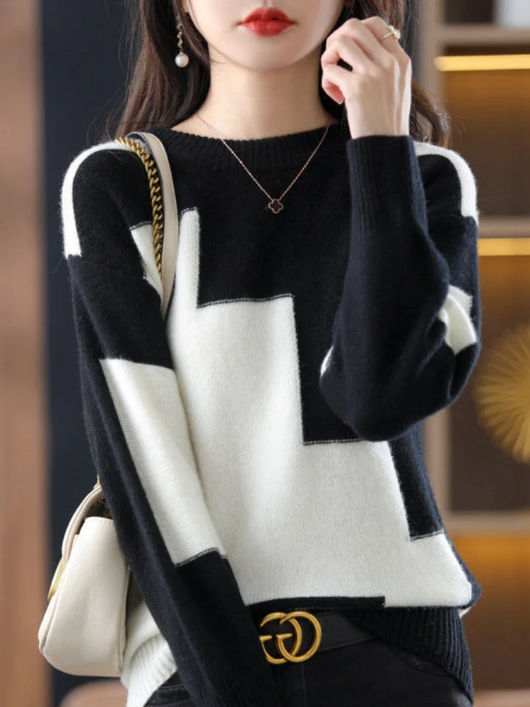 

Fashion Women Sweaters 2023 Winter Clothes O-Neck Color Block Knit Long Sleeve Tops Oversized Sweater Women Pullover Knitwears