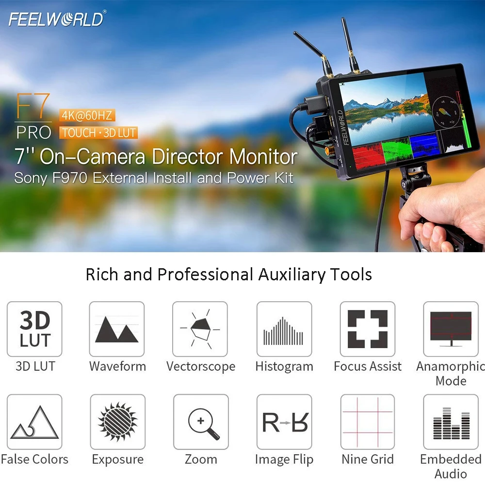 Фото 7-дюймовый IPS-монитор FEELWORLD F7 PRO с сенсорным экраном, HDMI, 4K, 60 Гц, 3D, LUT, 1920x120, 0 IPS №2