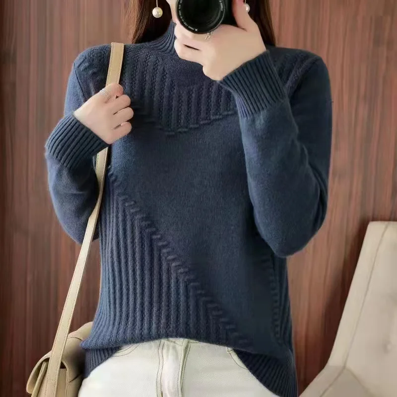 

Sweater women half turtleneck autumn winter knitted sweater stripe solid color long sleeve pullover female leisure top