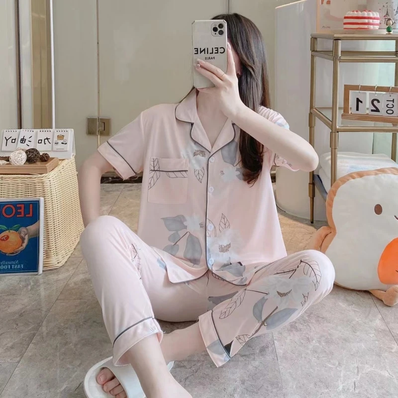 Spring Autumn Women's Milk Silk Pajamas Short Sleeve Cardigan Pants Loose Home Clothing Set Girl Cartoon Sweet Cute Sleepwear