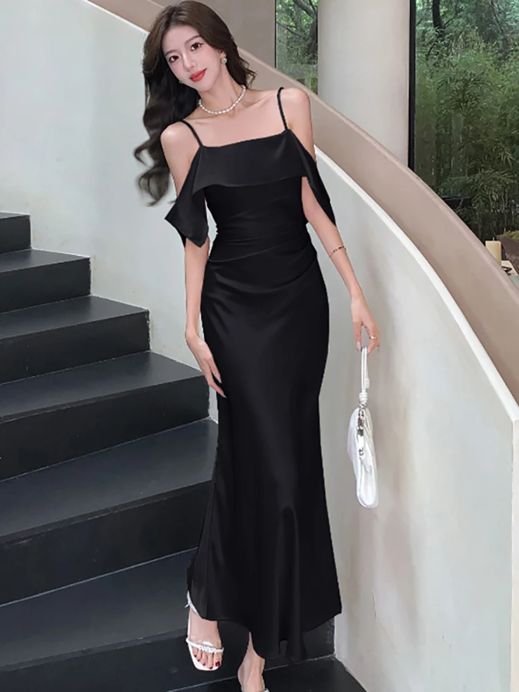 Women Pink Satin Chic Slash Neck Sexy Sling Dresses Gown