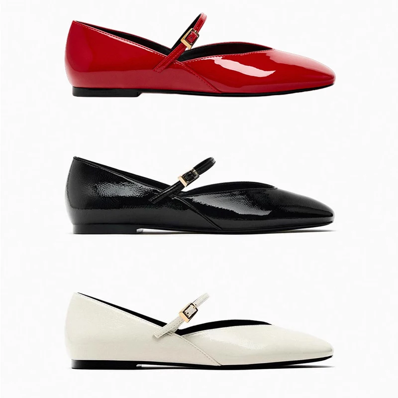 Merendy Dallas Round Toe Leather Bold Glossy Mary Jane Ballet Shoes-In Black, Red and White