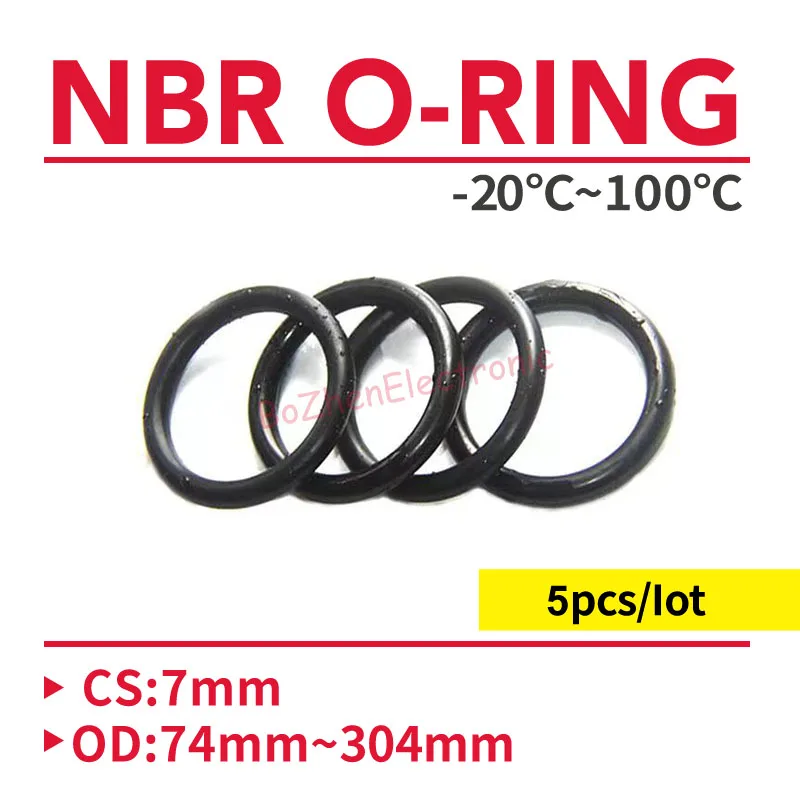 NBR O 링 씰 개스킷 두께 CS 7mm OD 74  304mm 니트릴 부타디엔 고무 스페이서 내유성 와셔 원형 검정색, 5 개