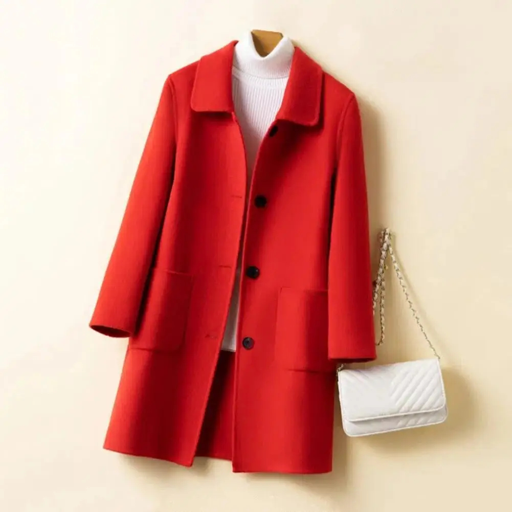 Jednolity kolor płaszcz damski stylowy damski płaszcz zimowy średniej długości z jednorzędowymi kieszeniami w klapie grube odporne na zimno na jesień