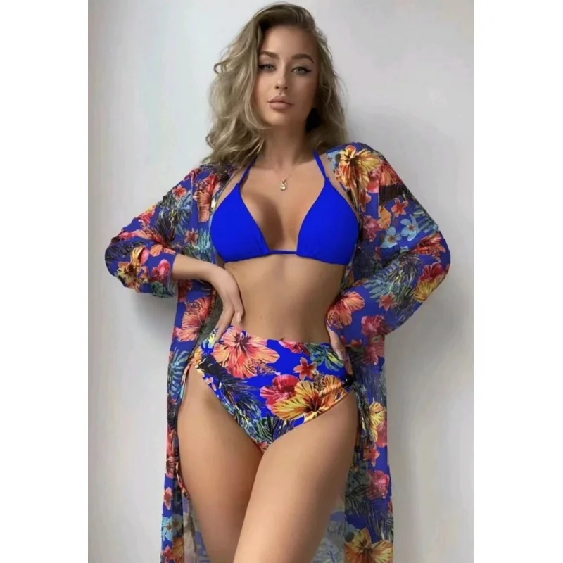 2024New Sexy Bikini Three-Piece Set Printed Mesh Blouse Swimsuit