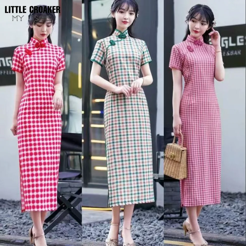 2023 New Plus Size 5XL Chinese Style Traditional Clothing Girl Small Fresh Daily Slim Plaid Cheongsam Dress Female Slim Qipao