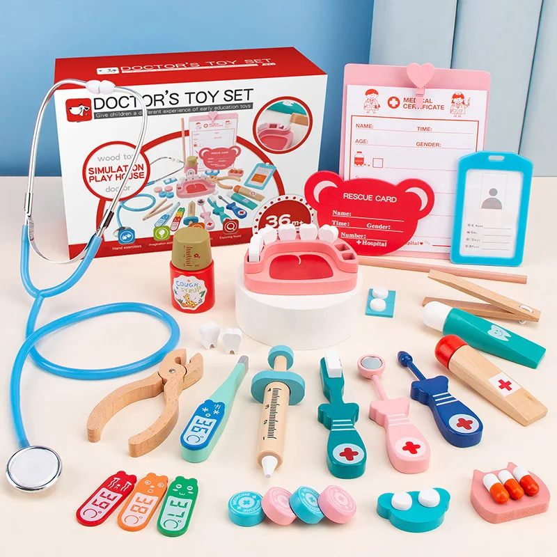 new-children's-wooden-toy-dentist-play-toy-set-children's-simulated-stethoscope-doctor-game-gift-for-kids-boys-and-girls