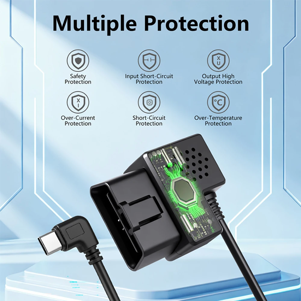 OBD 하드와이어 키트 타입 C 포트/마이크로 USB 포트/미니 USB 차량용 대시캠 케이블 충전기 24시간 주차 모니터 호환 98% 차량