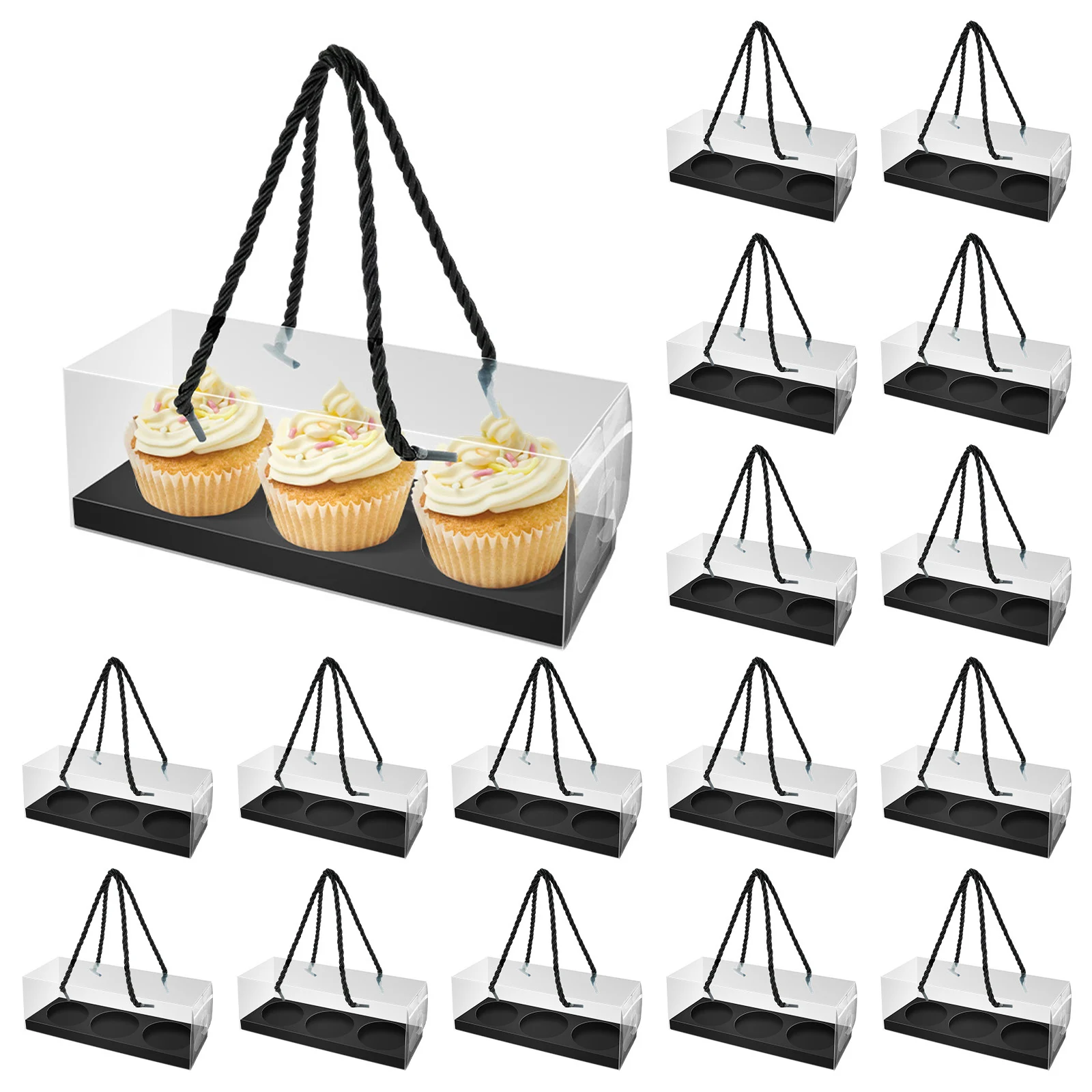 GOYADA 20 scatole trasparenti per torte rettangolari per cupcake, piccoli macaron, mini scatola da forno, scatola da dessert con manici dorati e 20 adesivi per muffin svizzeri (18.5x6.5x6.5x6.5 cm