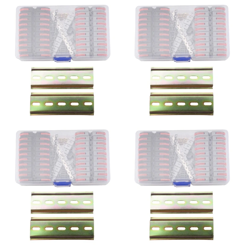 

4X DIN Rail Terminal Blocks Kit, With Universal Compact Connectors, Connection Bar, Marker Strip, Screws, 28-12 AWG