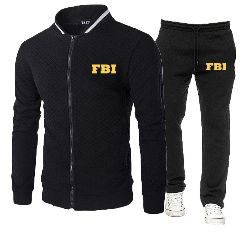 

FBI 2021 Men's New Spring and Autumn Fashionable Casual Hooded Sweater + Pants 2-Pieces Sets Jogging Jacket Zipper Sports Suits