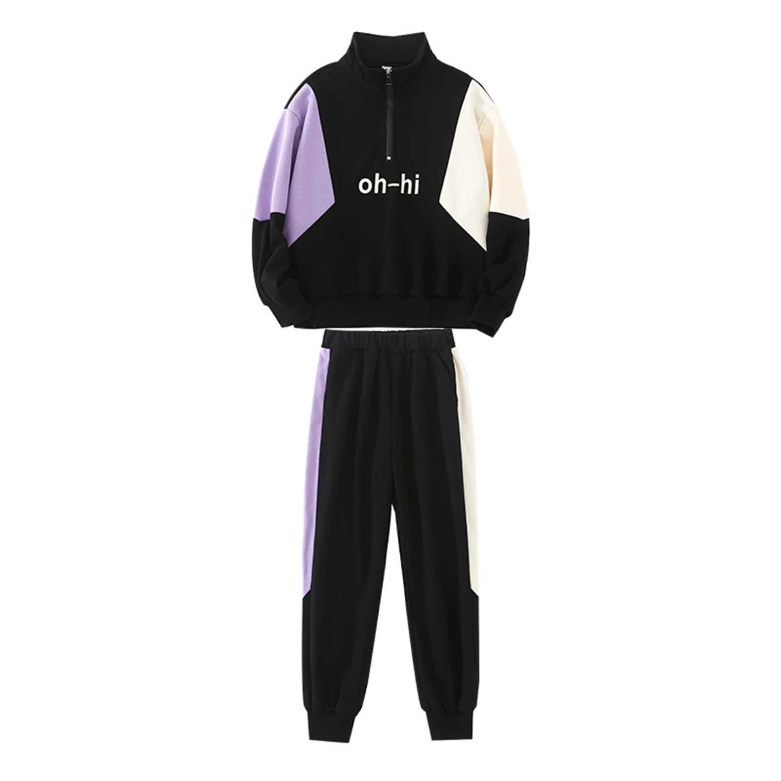 

Kids Girls Fashion Sport Clothes Set Long Sleeve High Stand Collar Half Zipper Closure Letter Print Top with Long Casual Pants