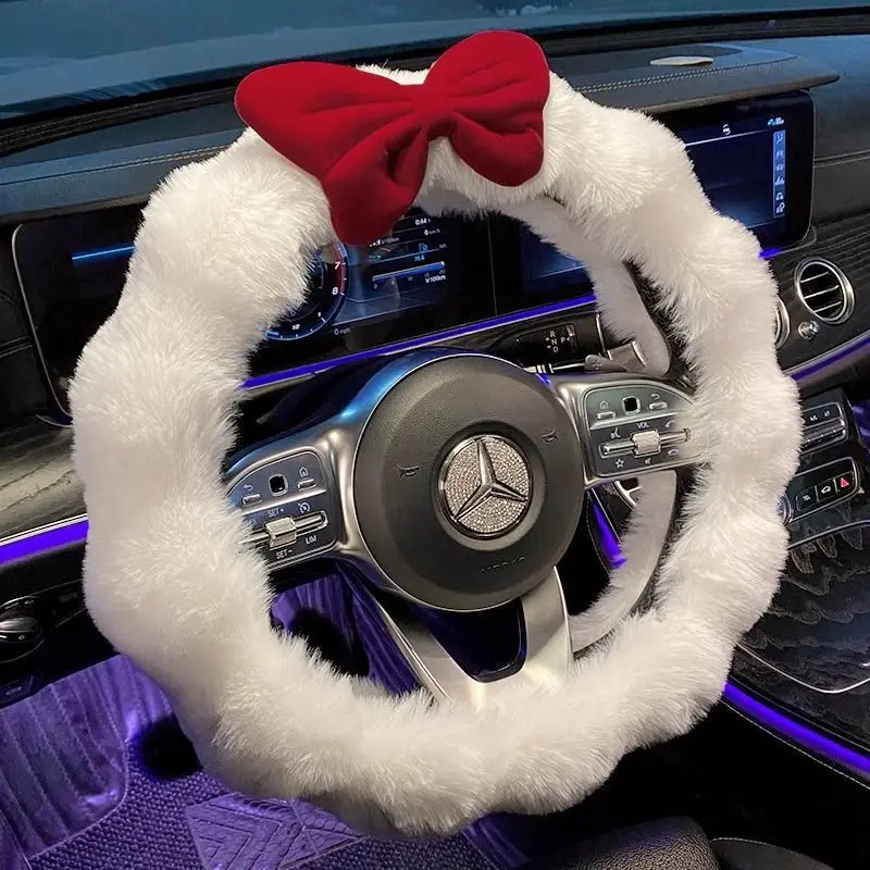 Nuovo fiocco coprivolante per auto peluche inverno caldo volante Qace Grip Cover antiscivolo protezione per volante accessori per auto - immagine 5