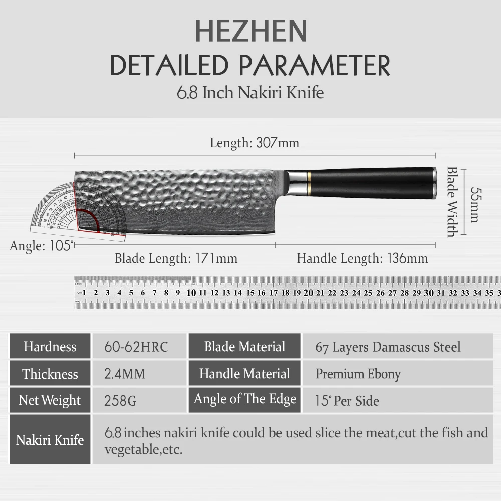 Kitchen Knife 6.8'' Nakiri Knife Japanese Damascus Steel Butcher Meat Cleaver Vegetable Knives Cooking Cutter Ebony Handle - 4