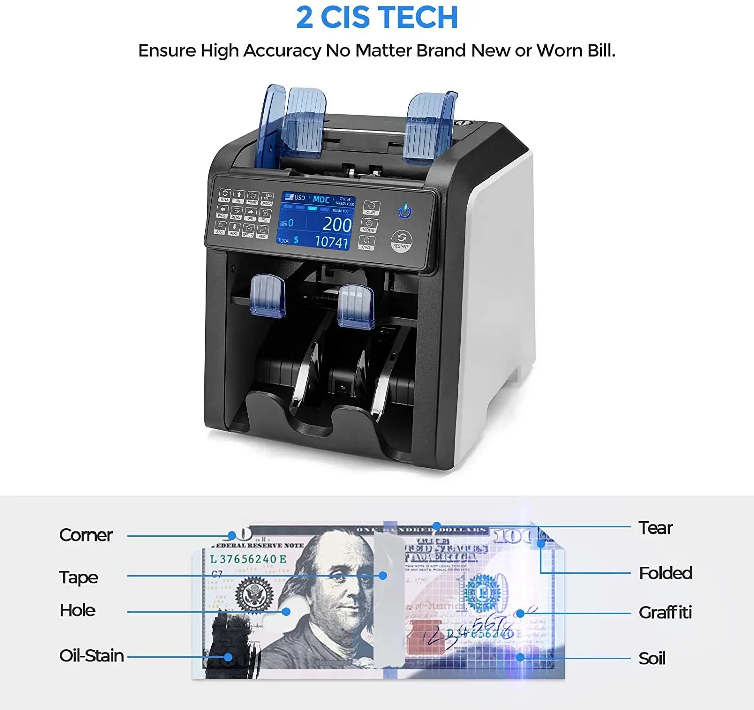 AL-950 Dual CIS Banknote Sorter Fitness Mix Value Money Counter Counterfeit Bill