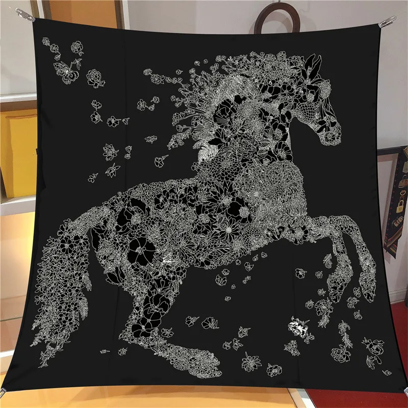Luxury 90cm Twill Silk Checkered Horse Print Square Scarf Shawl
