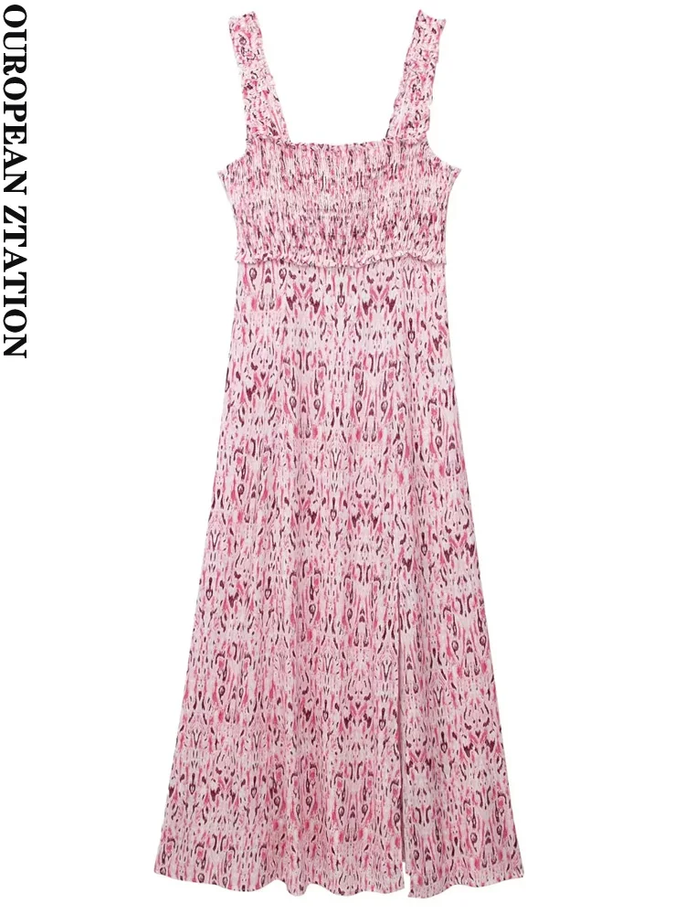 

PAILETE Women 2023 fashion front slit print midi dress sexy backless wide straps female dresses vestidos mujer