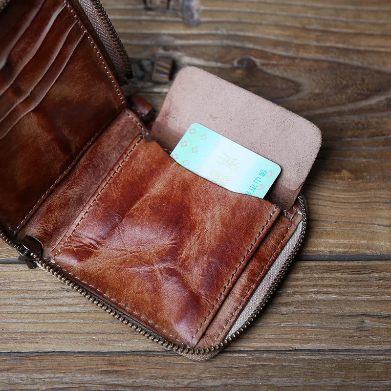 NZPJ Retro Men's Top Layer Cowhide Wallet Multi-Function  Tanned Genuine Leather Card Ladies Handmade Zipper Coin Purse
