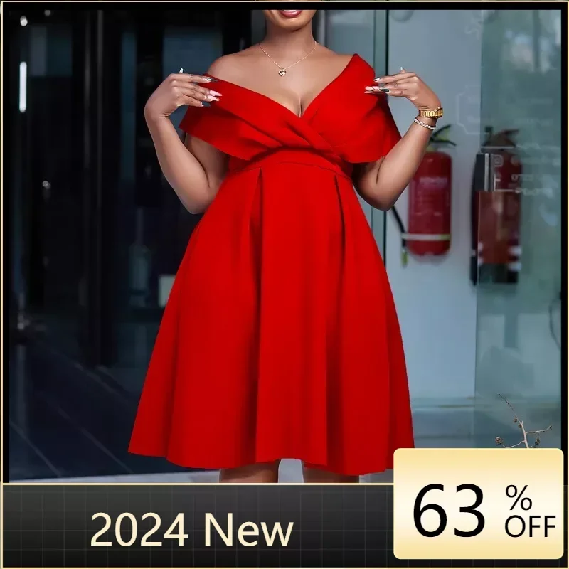 

Fashion Women Off Shoulder Draped High Waist Big Swing Knee LengthDress 2024 Club Sexy Party Evening Cocktail Dresses