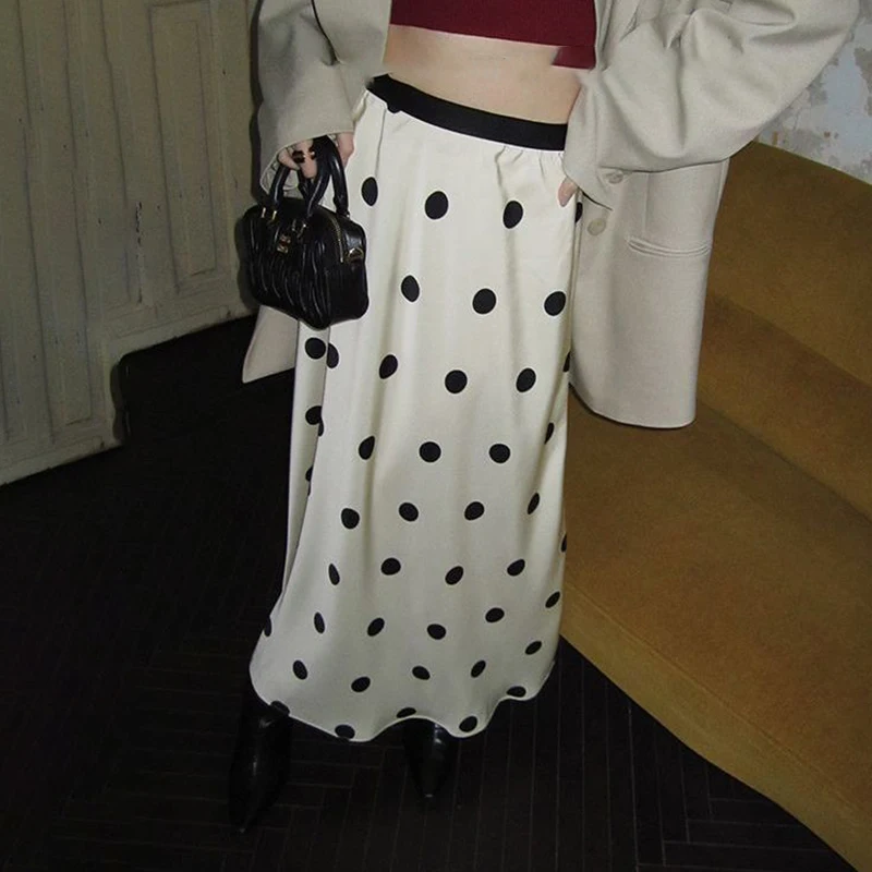 Women's clothing 2024 summer polka dot half length skirt, women's drape feeling, high waisted satin A-line fishtail long skirt