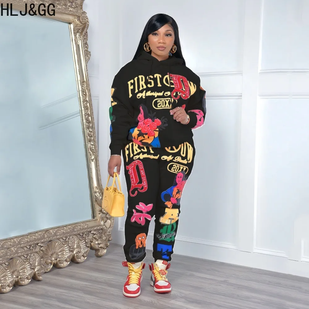 HLJ&GG Winter Letter Graffiti Printing Hooded Two Piece Sets Women Long Sleeve Sweatshirts And Jogger Pants Tracksuits Outfits