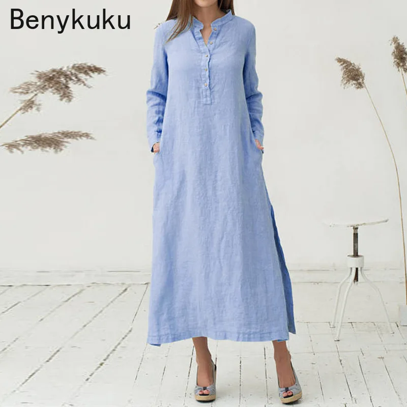 

Женское свободное платье-рубашка средней длины, повседневное винтажное голубое платье из хлопка и льна с воротником-стойкой и длинными рукавами, одежда в Корейском стиле для весны 2024