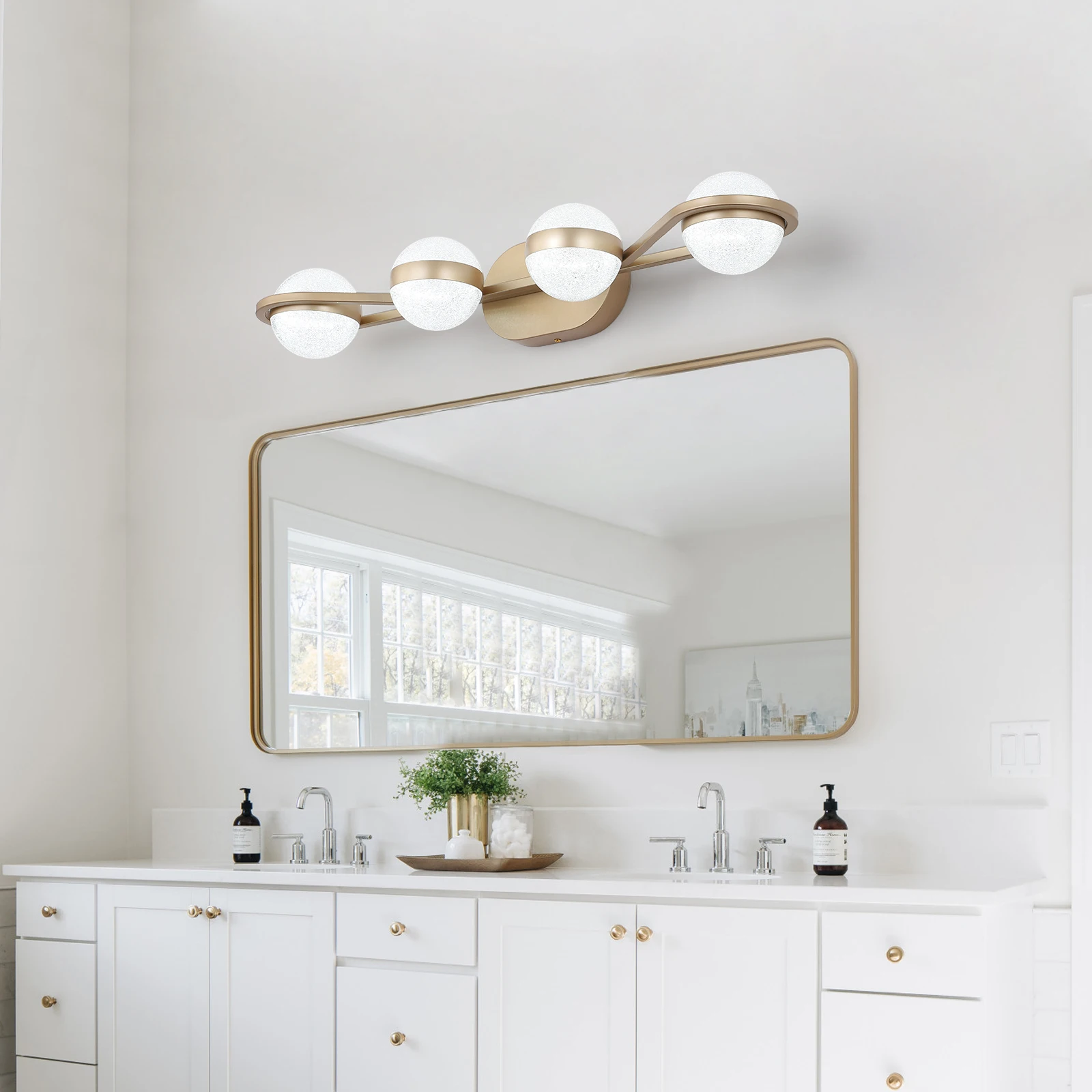 Modern Minimalist Gold Bathroom Vanity Light, 4 Bulb Frosted Glass Shades, Wall Mounted Decorative Lighting Fixture, Suitable fo