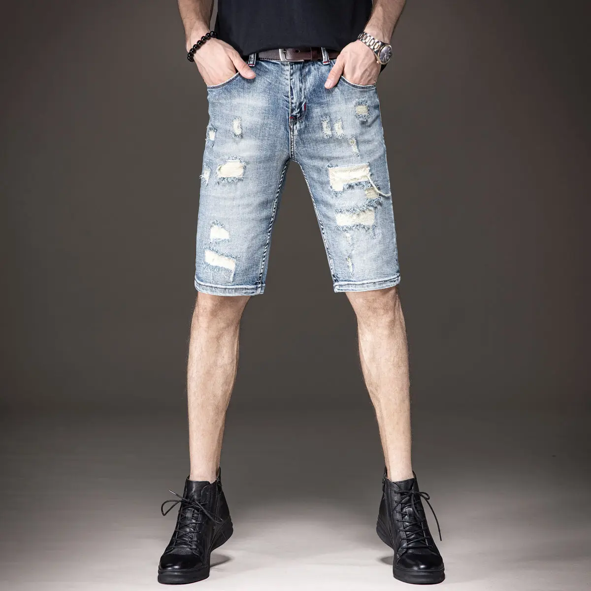2022 summer light colored ripped denim shorts men's tide brand loose