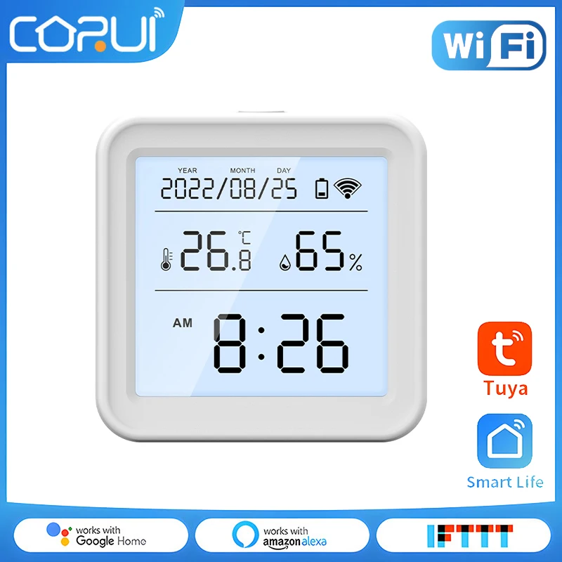 

CORUI Tuya WiFi Temperature And Humidity Sensor With LCD Screen Display Backlight Battery Power Alexa Google Assistant SmartLife