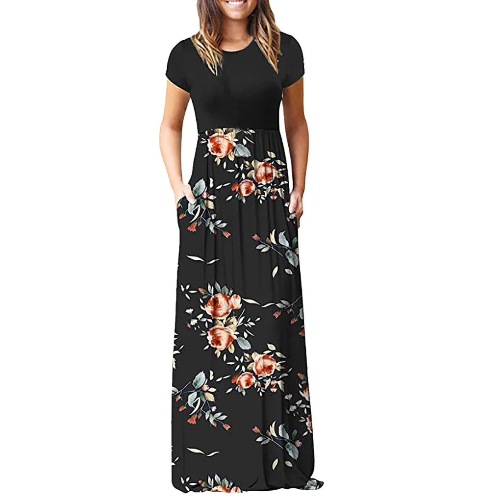 

WYBLZ Vintage Floral Print Boho Dress Women Maxi Dress Evening Party Beach Summer Dress Vestidos Short Sleeve Split Long Dresses