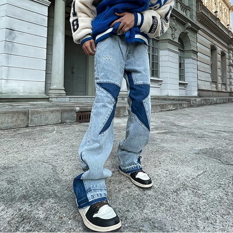 Wide Leg Cotton Jeans, Men's Casual Street Style Patchwork Denim