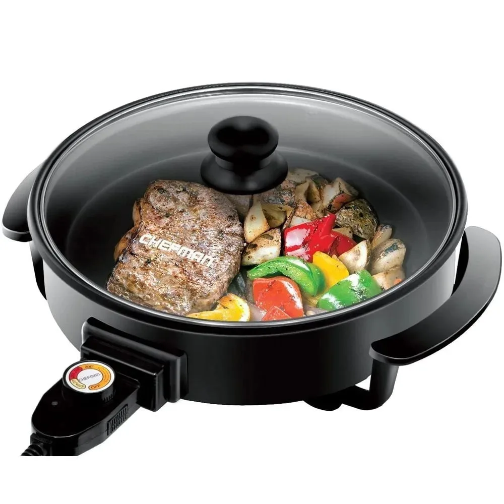 Electric Skillet 12 Inch Frying Pan Non-Stick Coating Temperature Control Tempered Glass Lid Cool-Touch Handles Knob